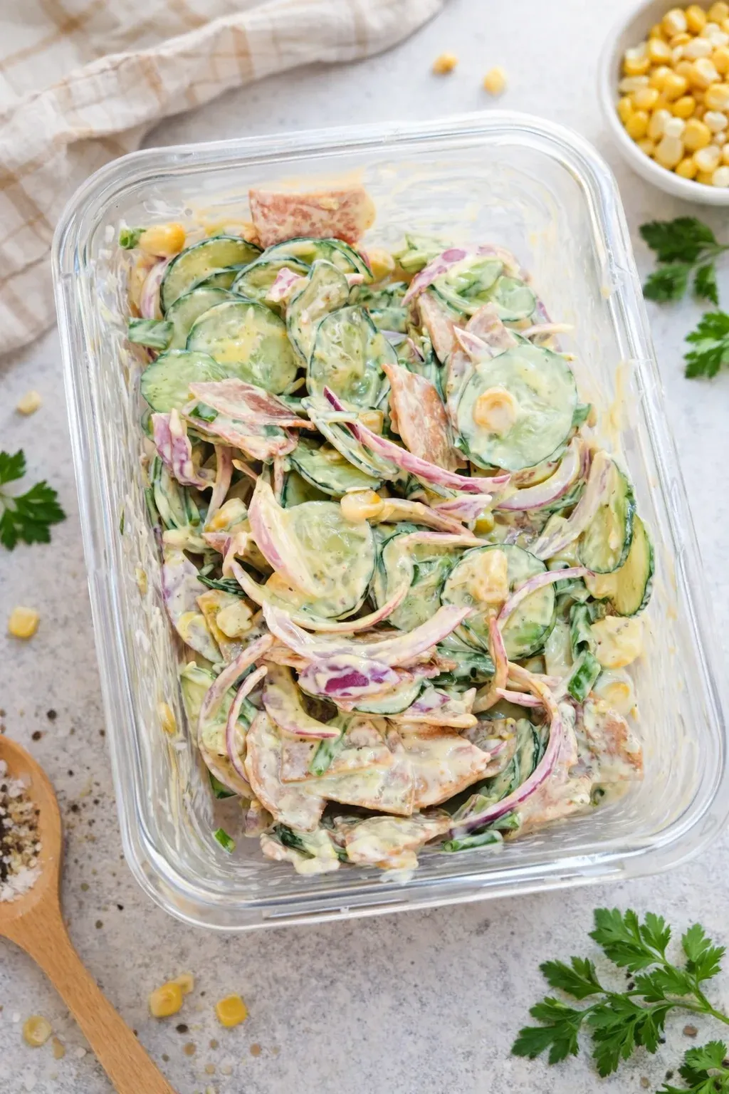 Cucumber, Corn & Chicken Salami Salad