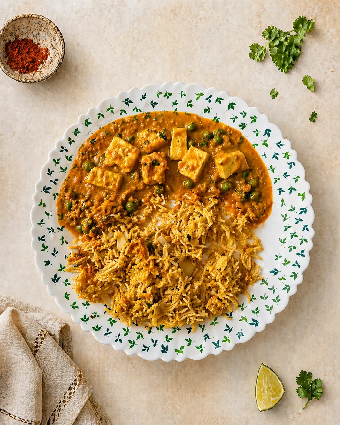Matar Paneer with Spiced Pulao