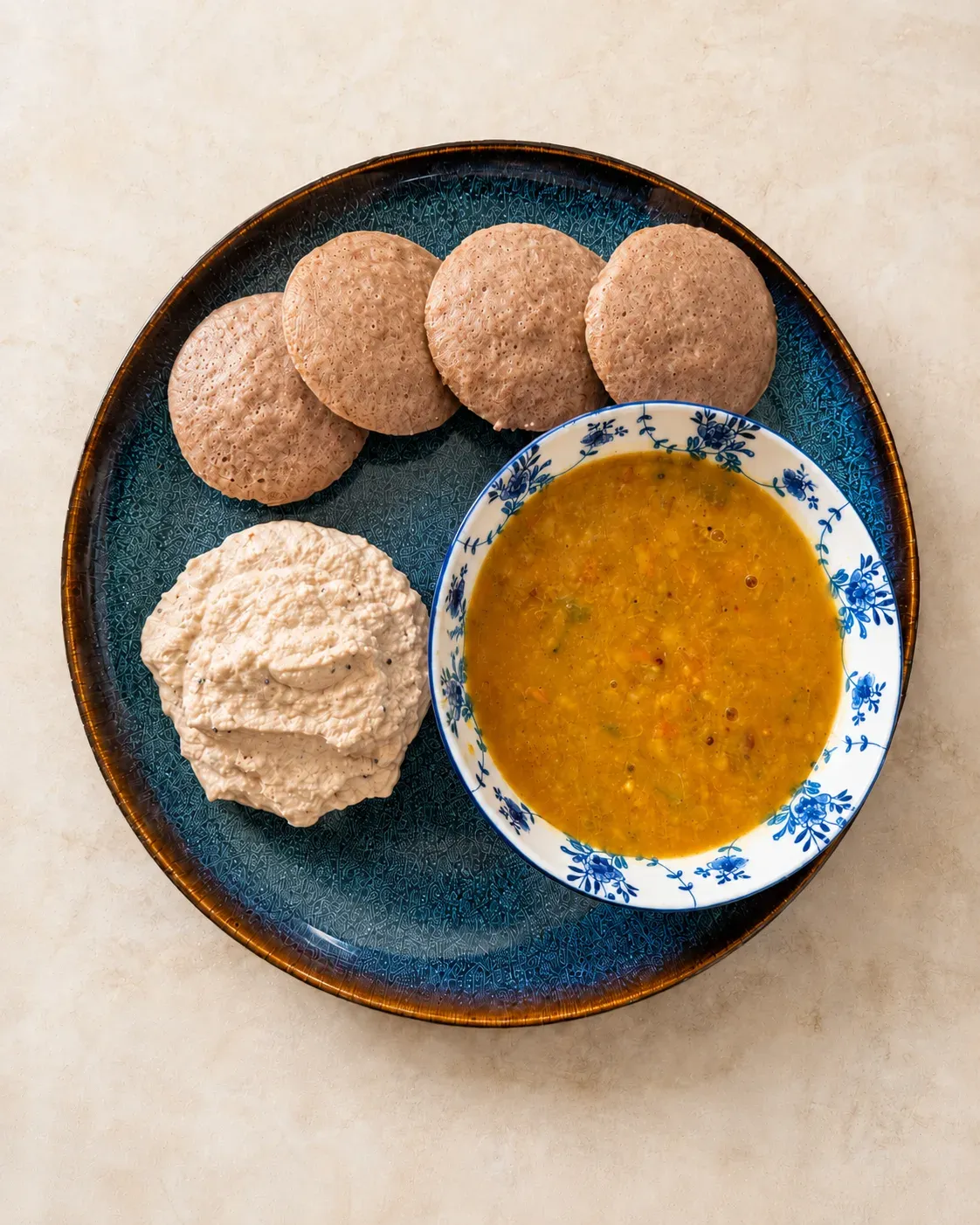 Quinoa Ragi Idli with Peanut Coconut Chutney and Sambar